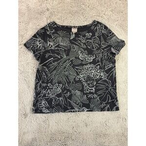 Chico's Women's Black Floral Leaf Jaguar Print Crew Neck Knit Top Size 3‎